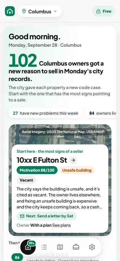 Curbadeed's Today screen on a phone: this morning's scored properties